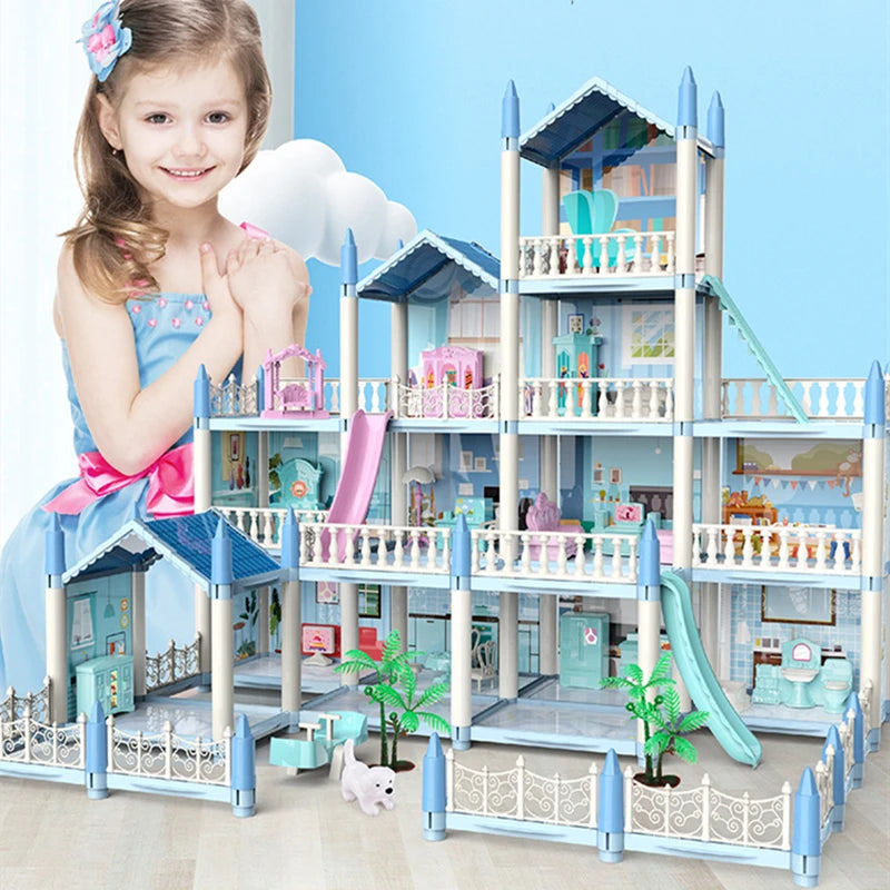 Girls Toddler Doll House - Large Doll House with 4 Dolls, Furniture, Accessories, LED Lights, 4 Stories Princess Dream House Toy