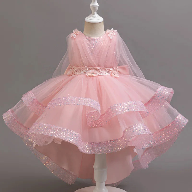 New girl party dress elegant flower girl trailing dress sequined chiffon Easter girls' clothing 3-10 years old holiday dress