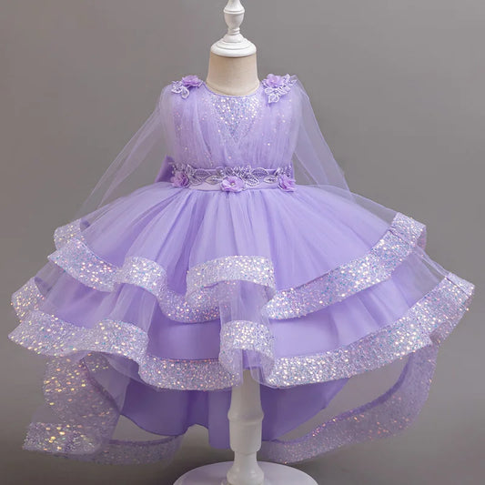 New girl party dress elegant flower girl trailing dress sequined chiffon Easter girls' holiday dress