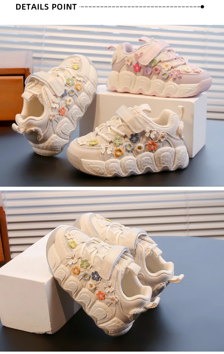 Fashion Leather Sneakers for Girls Children Casual Sports Shoes Floral Pattern Shoes for Kids Comfortable Walking Shoes
