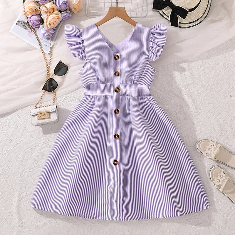 4-7 Years Girl Dress Summer New Stripe Ruffled Sleeveless V-Neck Dress