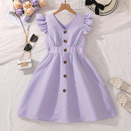 4-7 Years Girl Dress Summer New Stripe Ruffled Sleeveless V-Neck Dress