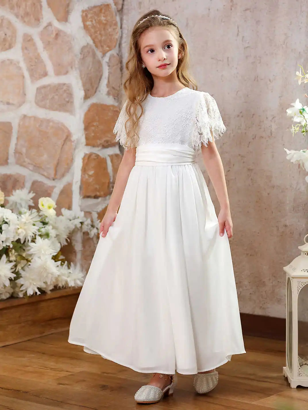 Girls Vintage Chiffon Lace Ruffle Sleeve A-Line Wedding Party Little Bridesmaid Dress