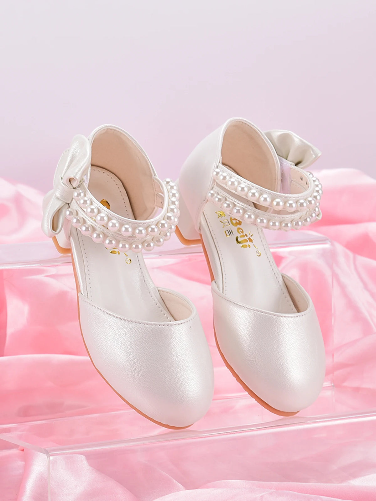 Children's Princess Shoes For Girls, Spring/Summer White Shoes With High Heels And Pearls For Big Kids