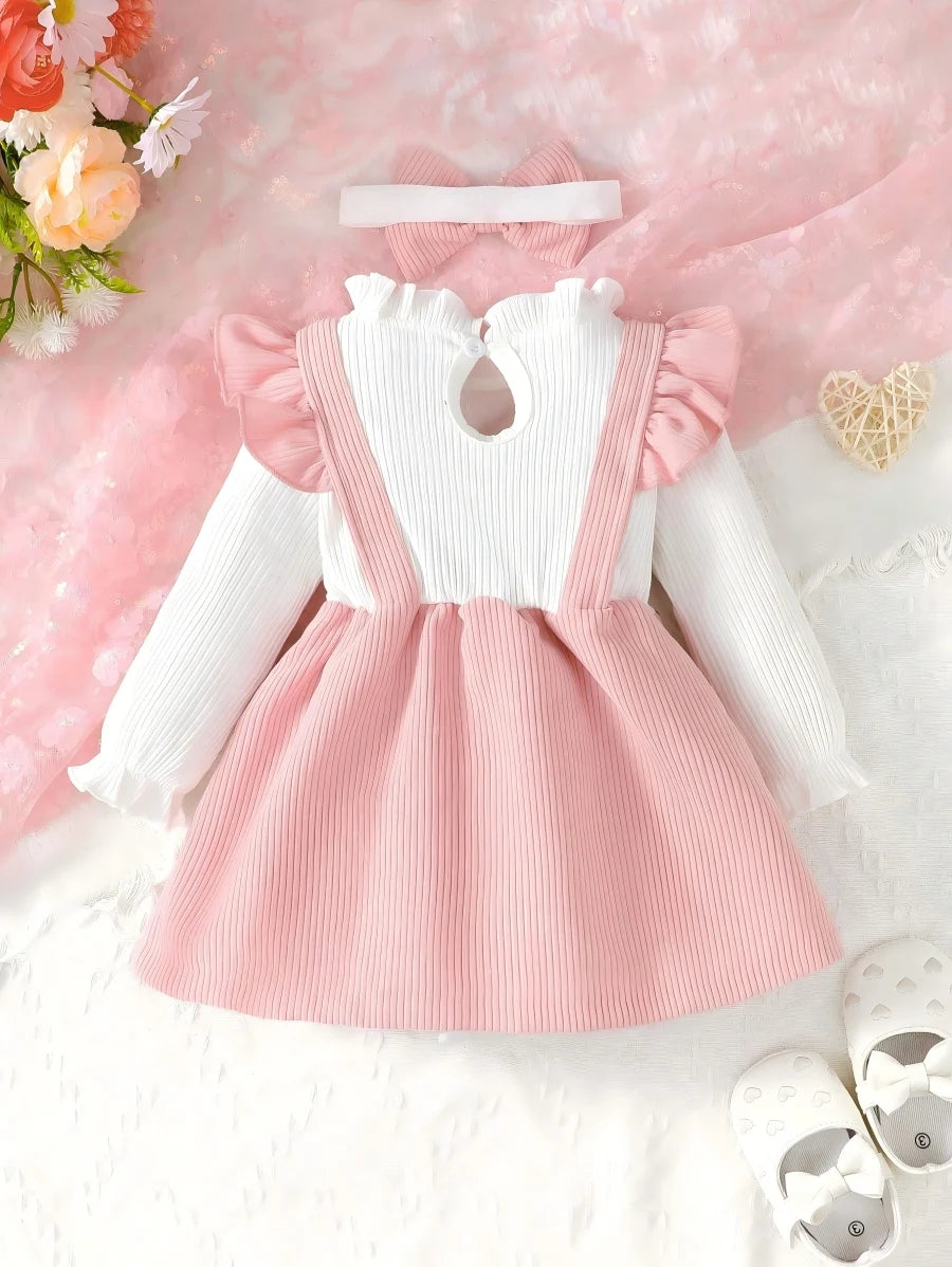 Baby Girl Ribbed Dress Outfit Long Sleeve Ruffle Bow Dress with Headband Elegant Clothes Set