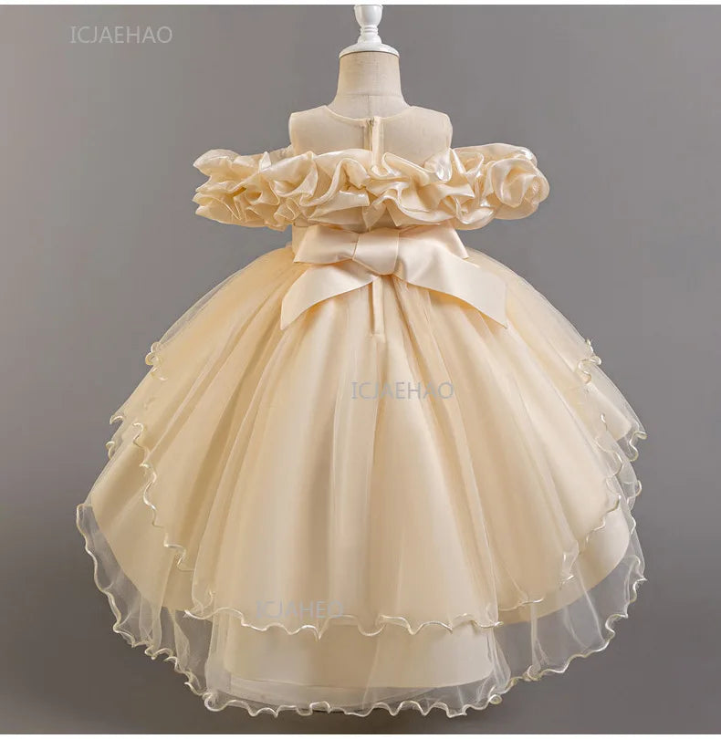 Girls Flower Girl Dress with Train Tulle Princess Gown Christmas Birthday Party Pageant Formal Dresses Kids Children Clothing