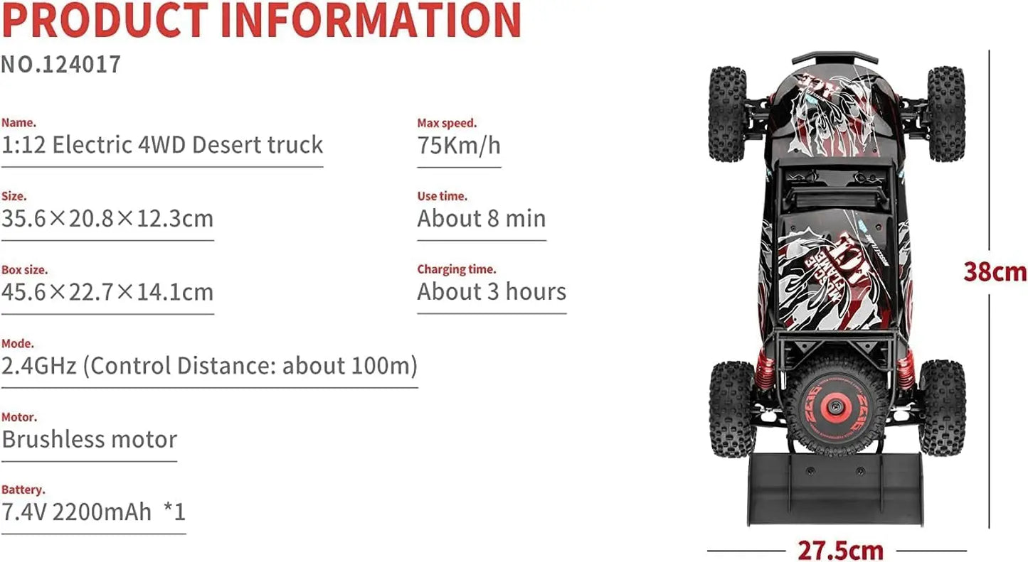Large 1:12 brushless motor with lighting, high-speed 75km/h remote control, competitive off-road racing, 4-wheel drive, fast car