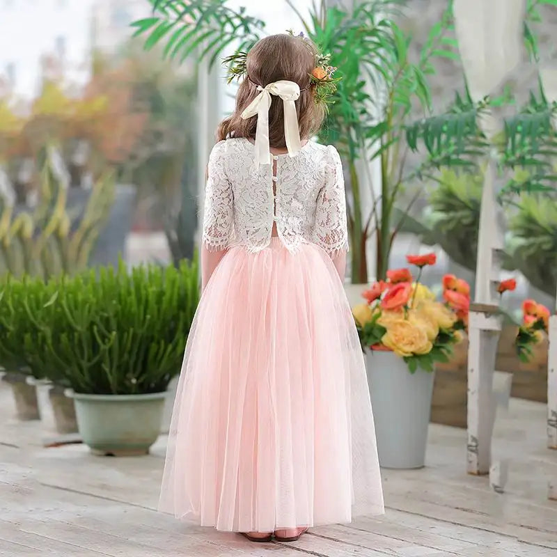 Children Set Clothing for Girls Half Sleeve Lace Top+Champagne Pink Long Skirt dress