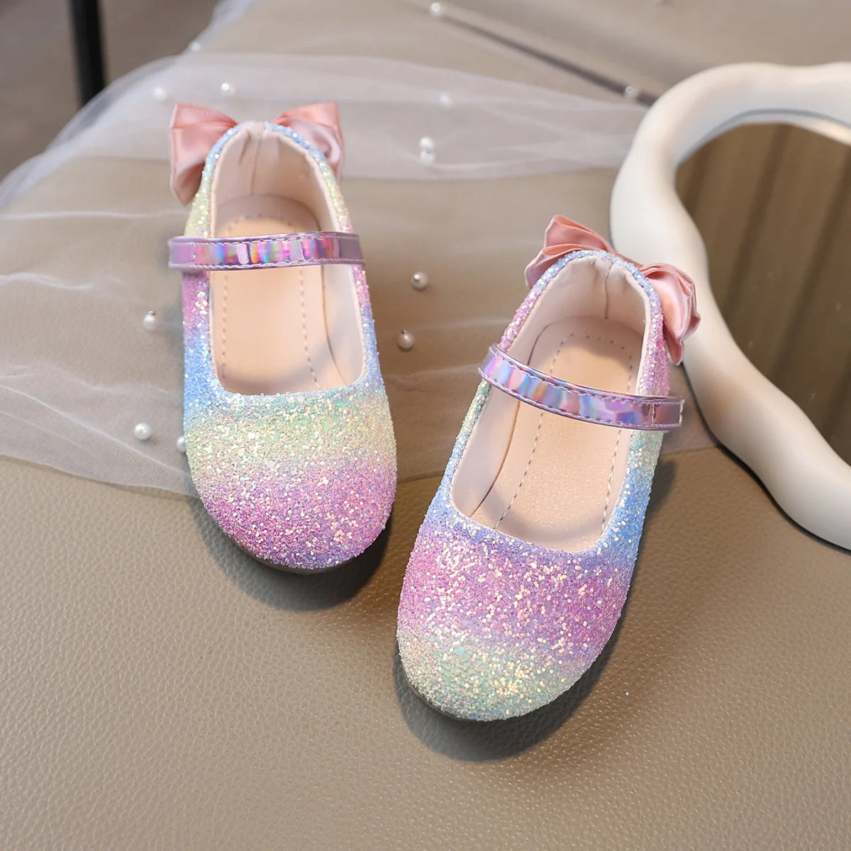 2026 Girl Shoes Spring New Girls Soft Sole Leather Shoes Rainbow Sequins Dress Princess Shoes Kids Shoe Mary Jane Shoes