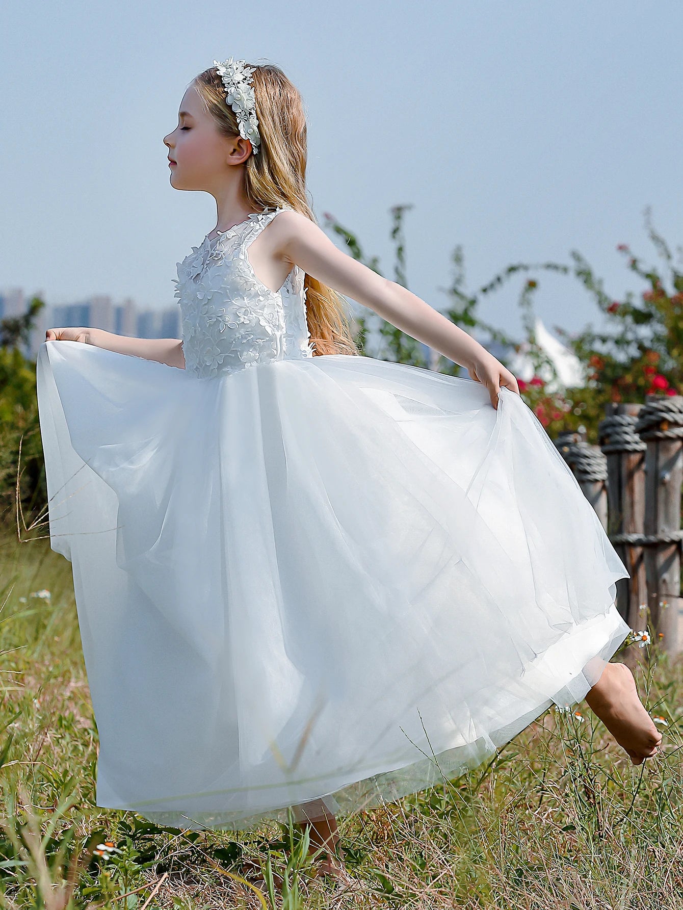Soft Tulle Satin Floral Appliques Lace Elegant Wedding Party Princess Dress