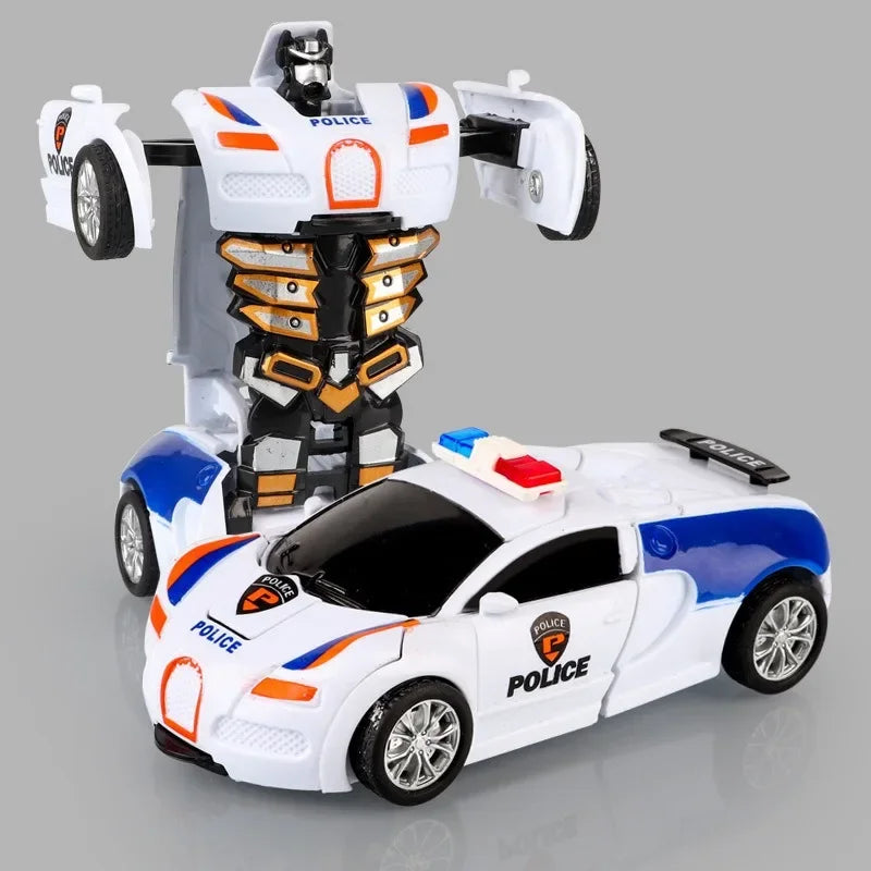 2 In 1 Car Toys Children's Collision Automatic Deformation Police Car Toy Boy Inertia Impact One-Button Transform CarRobot Model