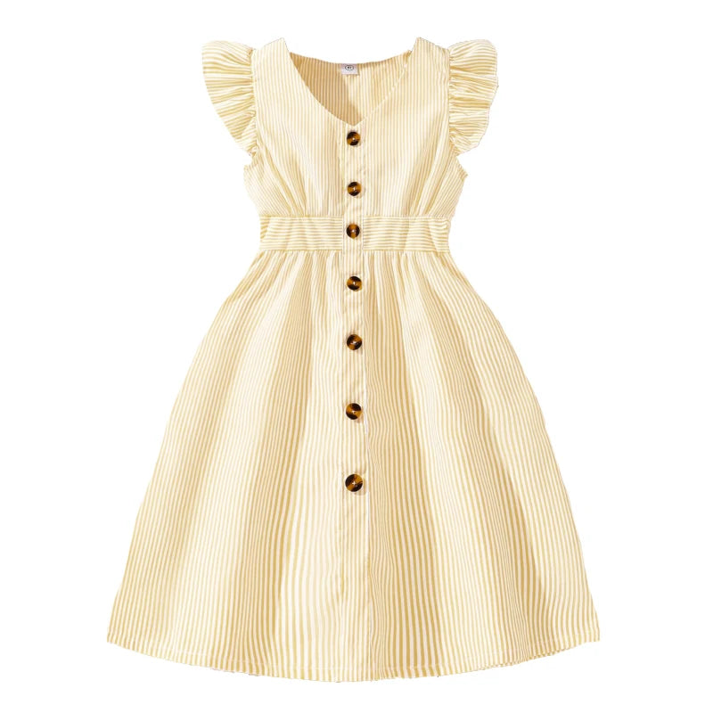4-7 Years Girl Dress Summer New Stripe Ruffled Sleeveless V-Neck Dress
