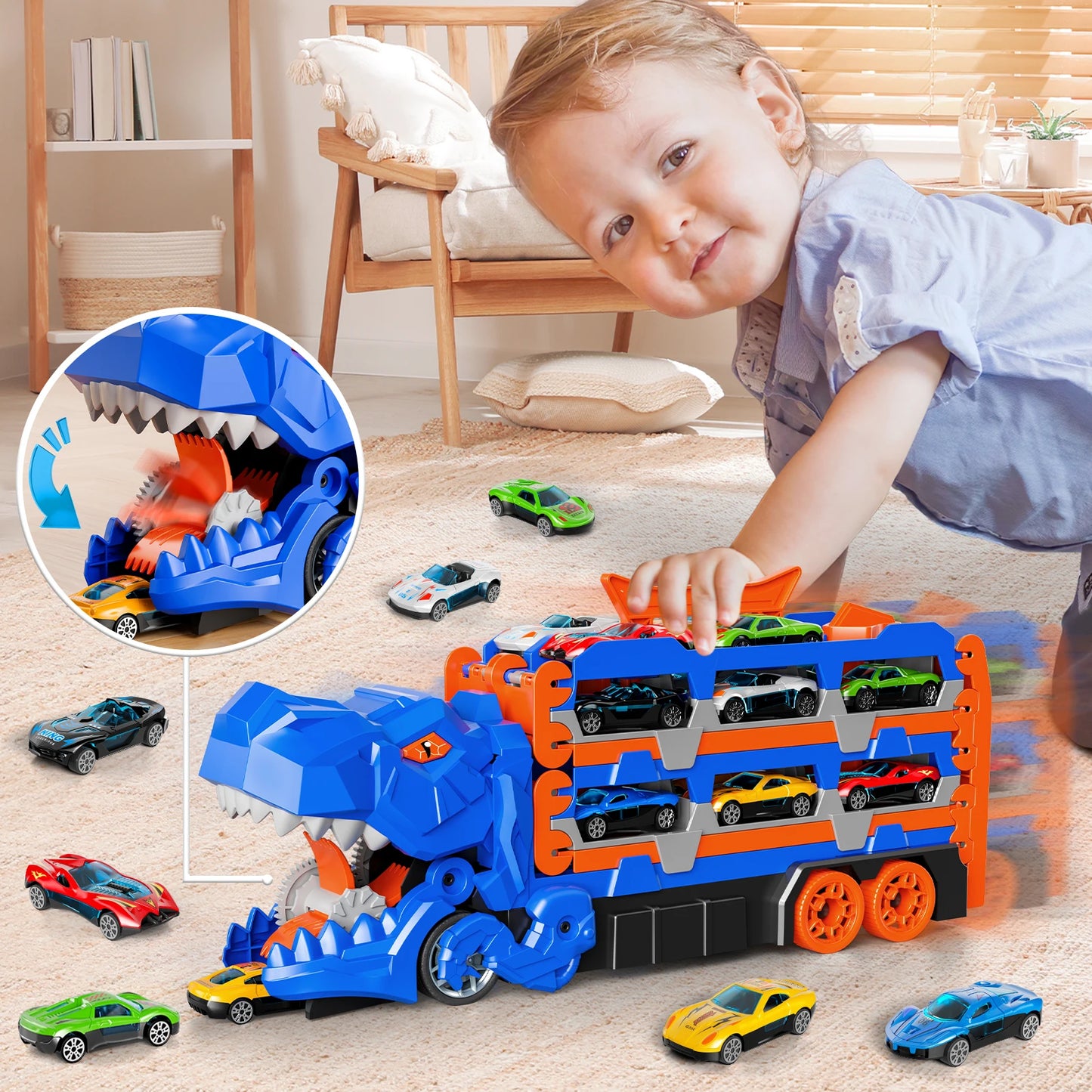 Dinosaur Truck Toy Set with Die-Cast Racing Cars for Kids