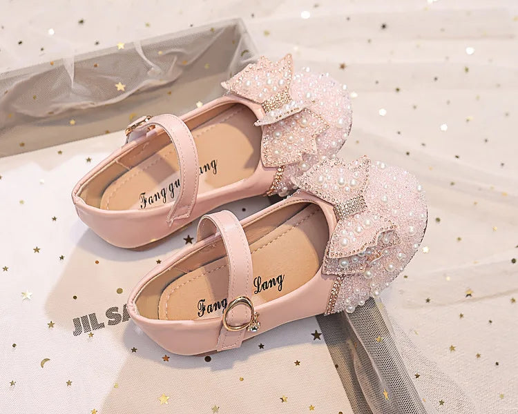 Autumn Fashion Pearl Bow Rhinestone Little Girl Shoes Flat Heels Kids Princess Shoes
