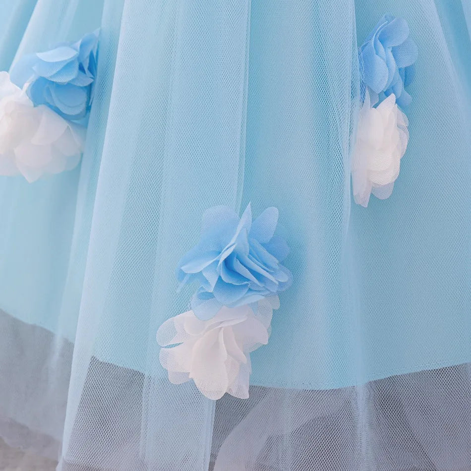 New Baby Girls 1st Princess Dress Infant Three-dimensional Flower One-word Shoulder Mesh Dress Baby Girl Performance Dress ASQ03