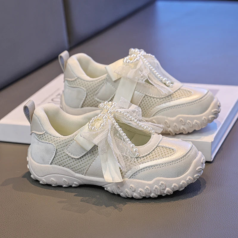 2026 Summer Kids Sport Sneakers for Girl Pearl Lace Mary Jane Flats Lightweight Non-Slip