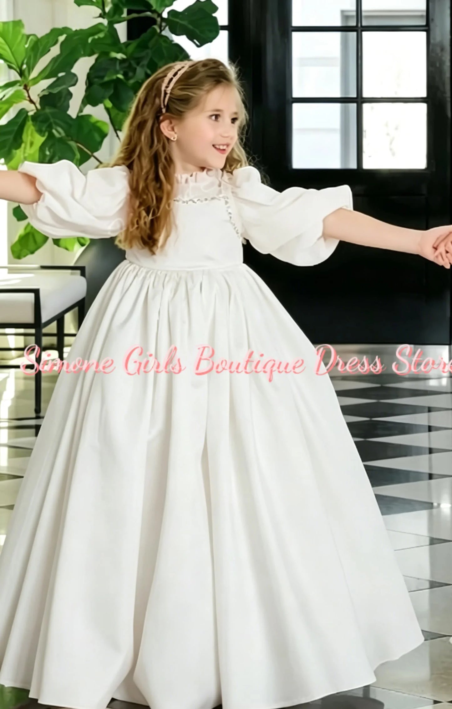 Girl Gown Puff Sleeves Turtleneck Elegant Flower Girl Dress for Wedding Ceremonies Formal Receptions Holiday Parties Customized