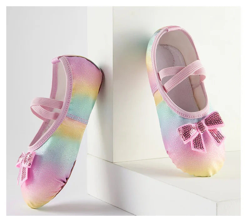 Girl Ballet Shoes Glitter Split-Sole Dance Slippers Toddler Kids Practice Shoes Flats Soft Lightweight  Elastic Laces Colorful