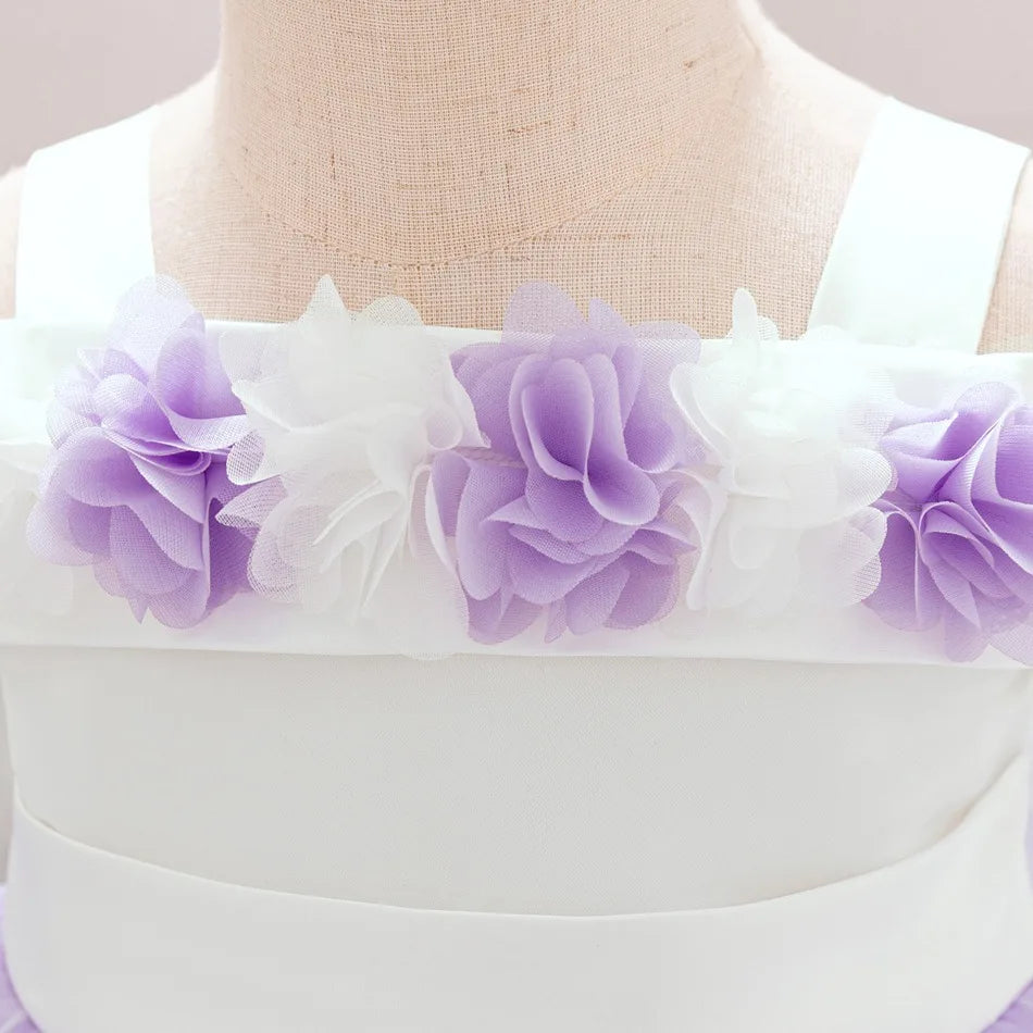 New Baby Girls 1st Princess Dress Infant Three-dimensional Flower One-word Shoulder Mesh Dress Baby Girl Performance Dress ASQ03