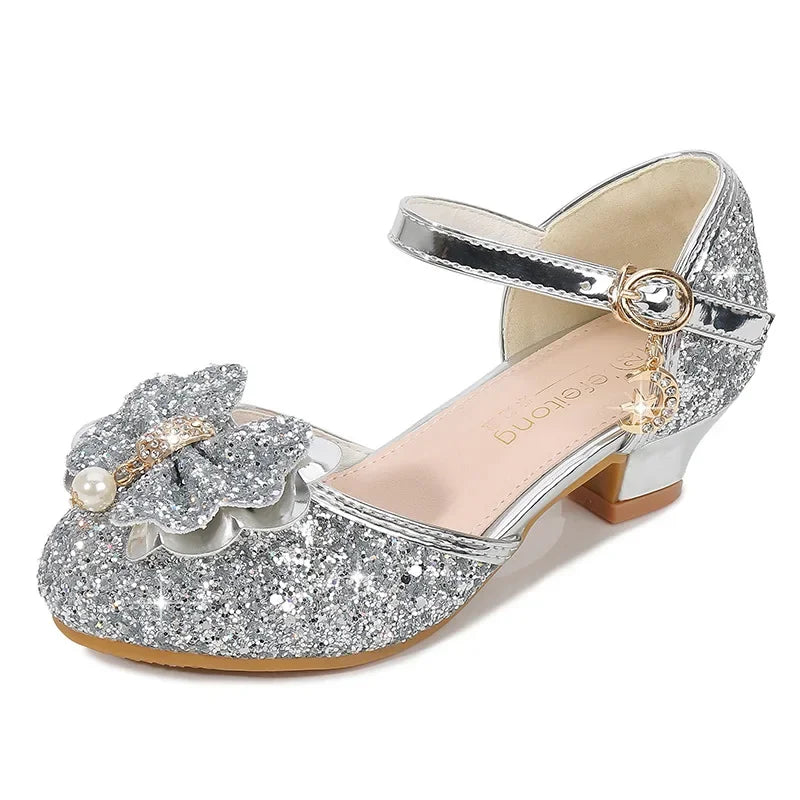 Girls' High Heels Fashion New Sequin Bow Shoes Children's Dance Single Shoes