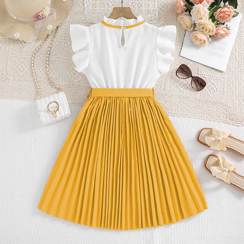 Emma Kids Dress for Girls with Pleated Skirt and Bow Tie