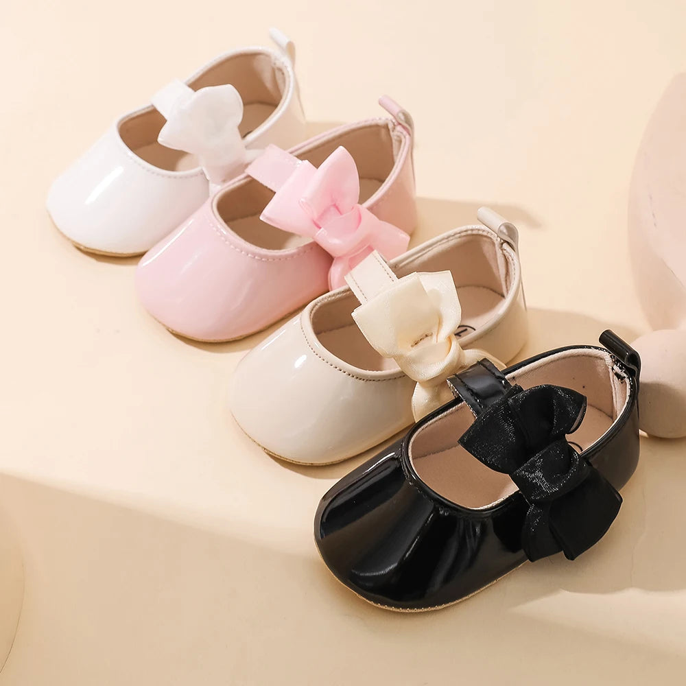 Baby Girls Bow Mary Jane Shoes Soft Non Slip Sole Magic Tape Lightweight Infant Pre Walker Newborn Crib Shoes For Daily Party We