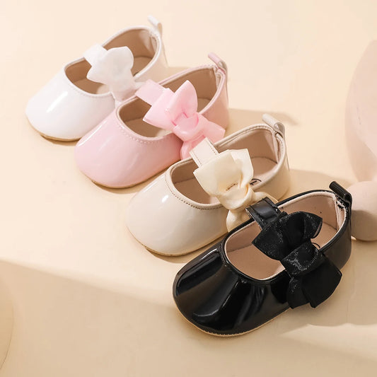 Baby Girls Bow Mary Jane Shoes Soft Non Slip Sole Magic Tape Lightweight Infant Pre Walker Newborn Crib Shoes For Daily Party We