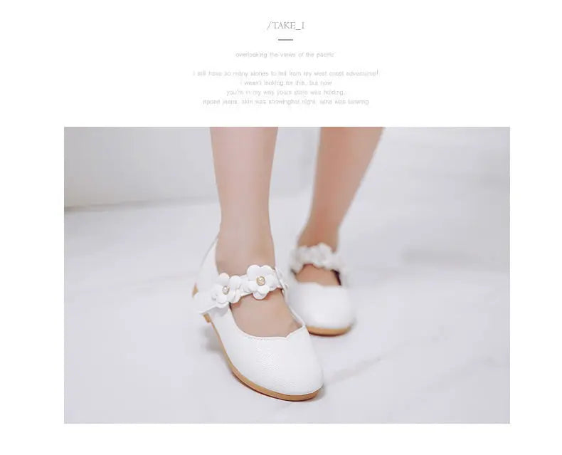 Girls Low-top Solid Color Leather Shoes Princess Shoes Flowers Student Single Dance Shoes White Child Shoes Comfortable Wearable