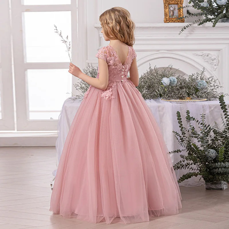Girls' piano puffy dress long evening gown birthday banquet wedding dress