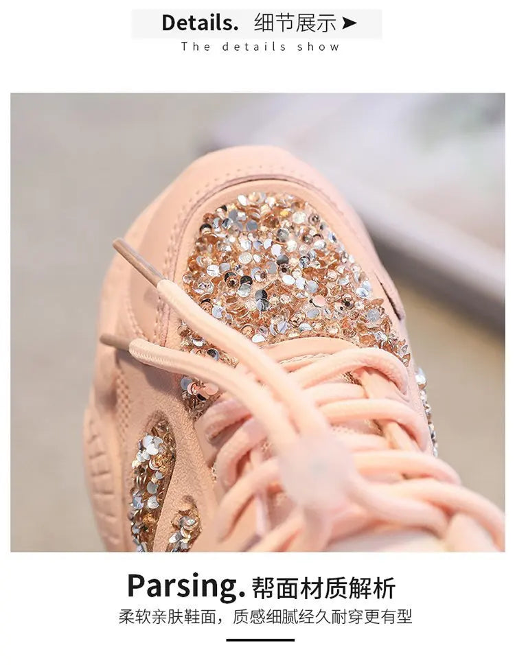 2022 Spring Fashion Women Sneakers Kids Toddler Girl Shoes Rhinestones Glittering Childen Outdoor Leisure Sports White Shoes Red