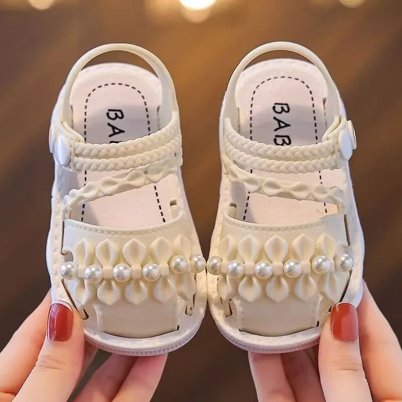 Summer Girls Sandals Cute Bow Pearl Bead Baby Girl Shoes Soft Bottom Toddler Sandals