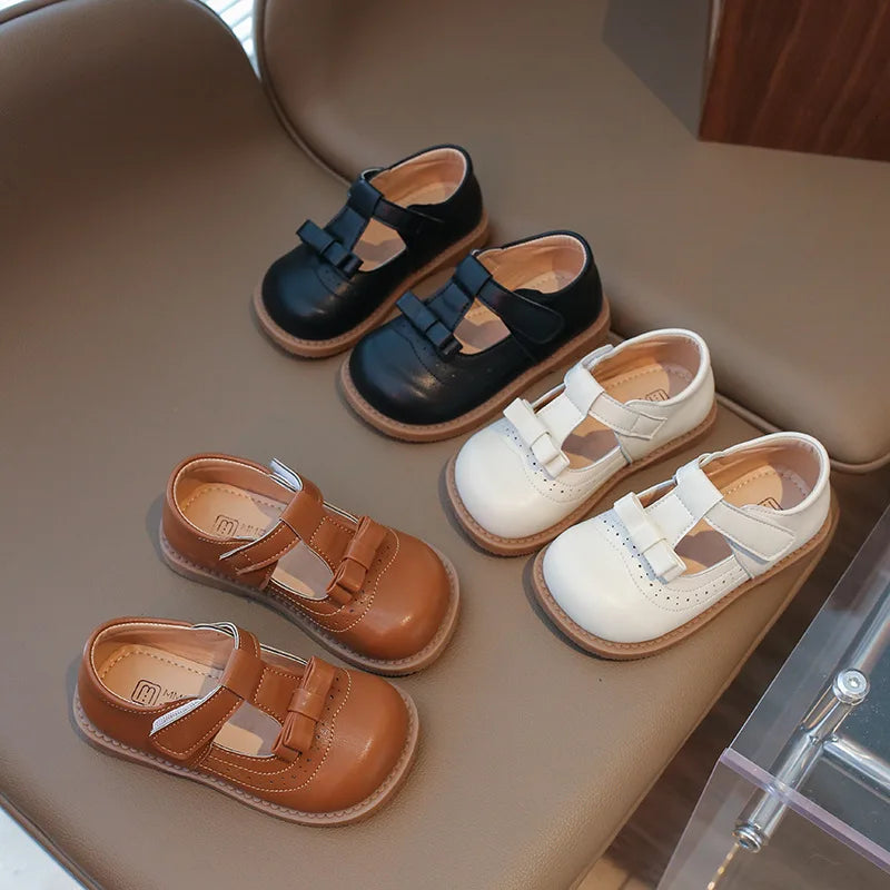 Girl's Bow Princess Shoes Leather Shoes 2026 Spring New Fashion Soft Sole Children's Single Shoes Soft Sole T-strap Kids Shoes