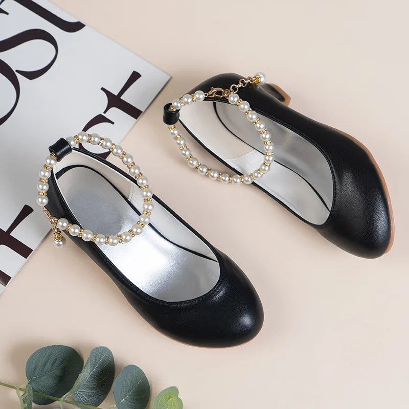 Girls' High-heeled Leather Shoes Spring Children's High-heeled Middle-aged Kid's White Wedding Host Show Princess Dress Shoes