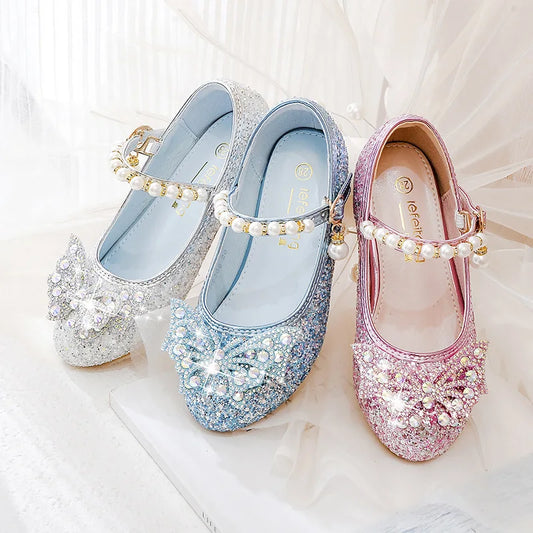 Girls' High Heels Spring New Princess Pink Glass Slipper Children's Runway Performance Shoes Fashion Non-slip Rhinodiamond Shoes