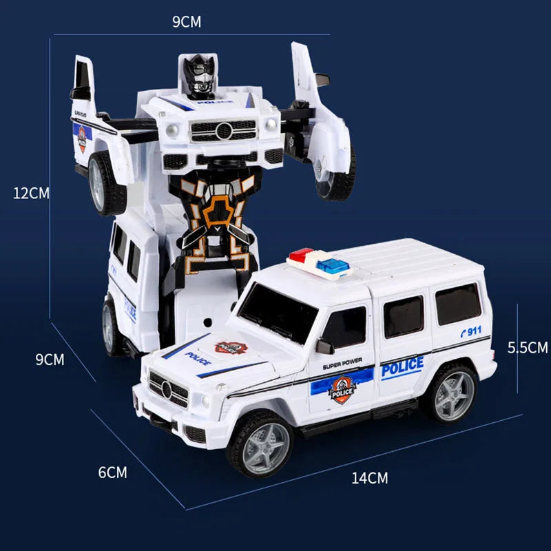2 In 1 Car Toys Children's Collision Automatic Deformation Police Car Toy Boy Inertia Impact One-Button Transform CarRobot Model