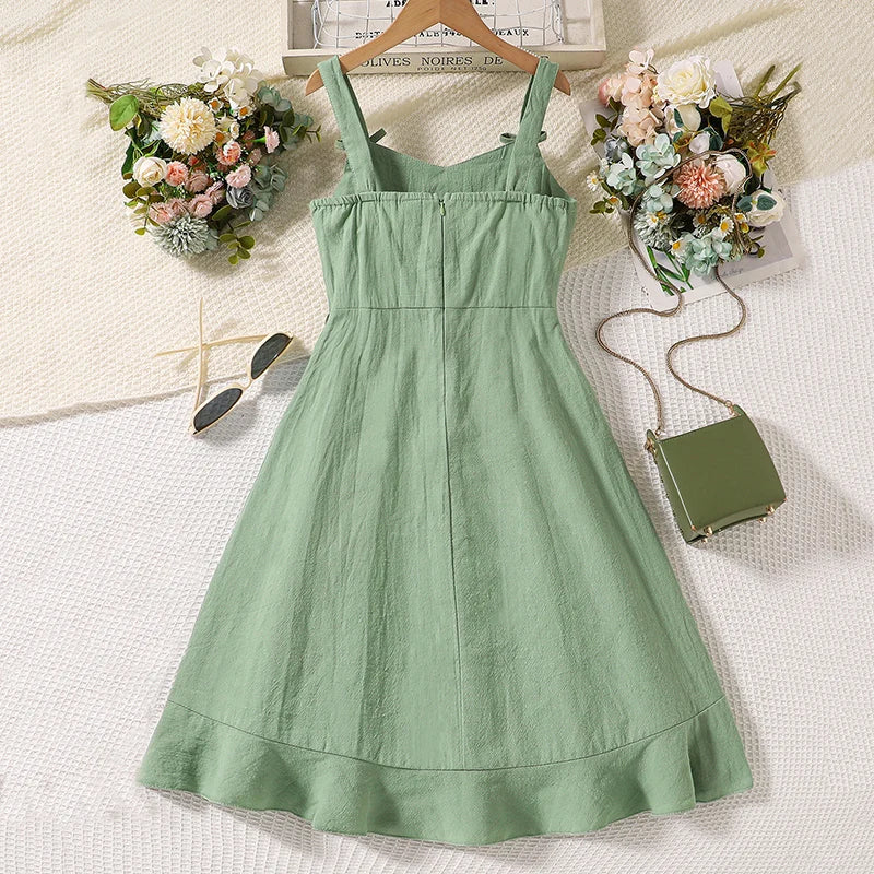 Summer Girl's Dress 8-12 Years Old Cute Bow-Embellished Slip Panel