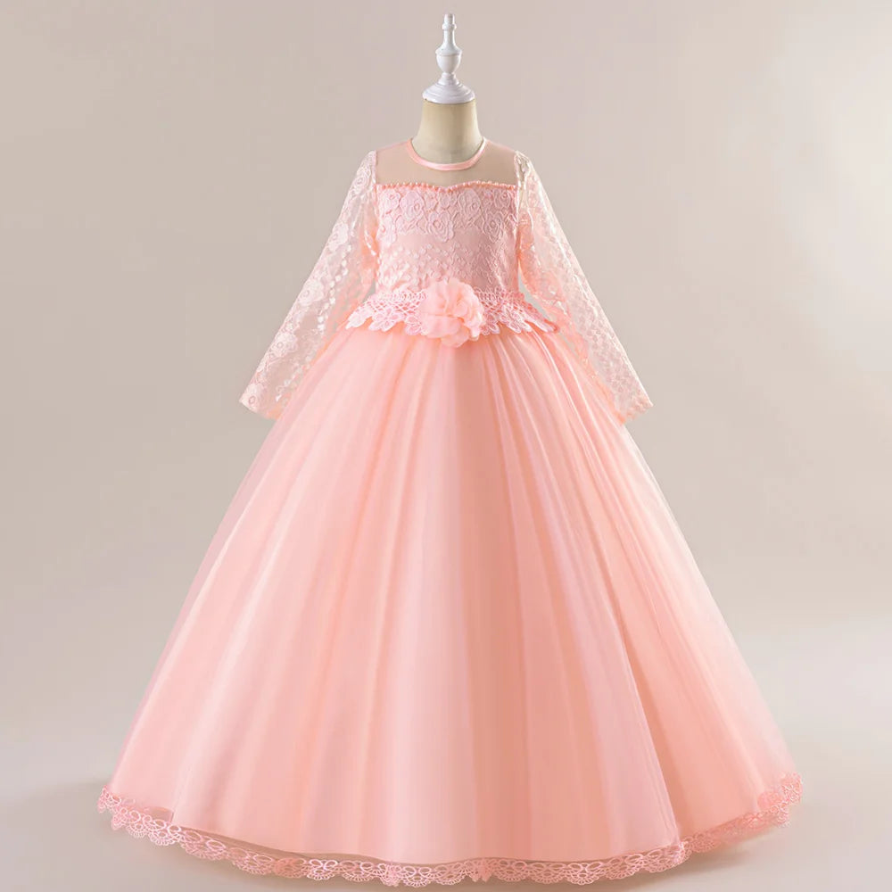Long Sleeve White Bridemaid Girl Party Dresses Wedding Costume Bow Lace