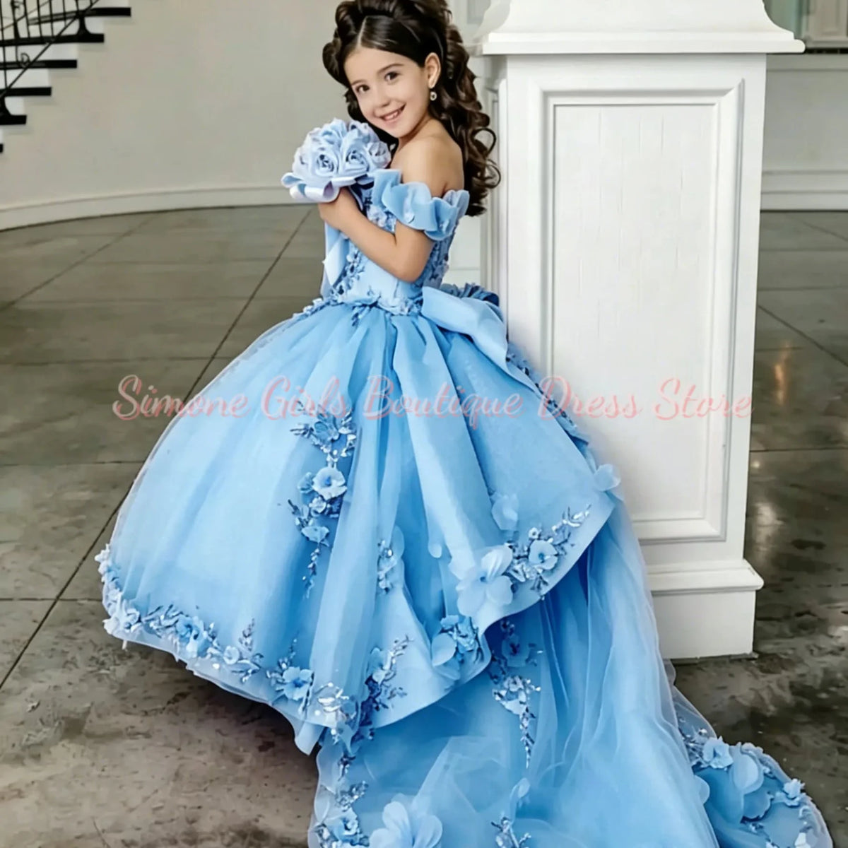 Girl Gown Flower Girl Dress for Wedding Off The Shoulder Applique Tulle Puffy