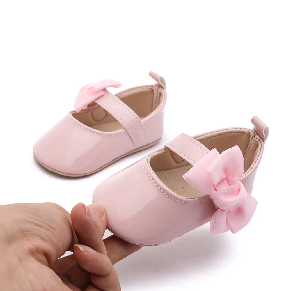 Baby Girls Bow Mary Jane Shoes Soft Non Slip Sole Magic Tape Lightweight Infant Pre Walker Newborn Crib Shoes For Daily Party We