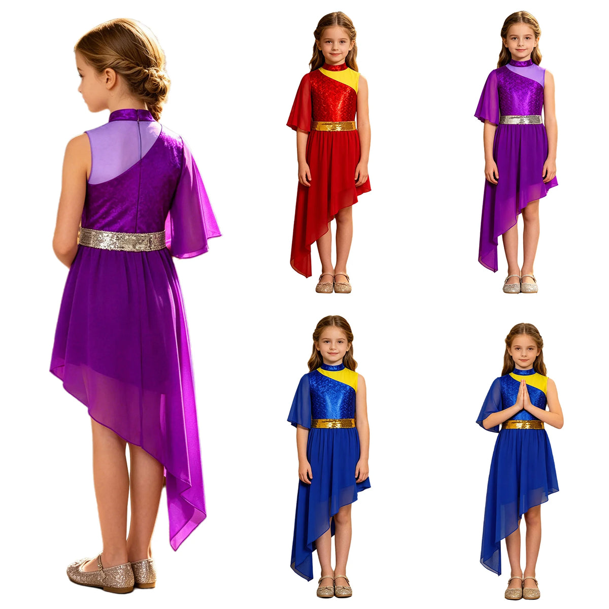 Kids Girls Lyrical Contemporary Worship Liturgical Praise Dance Dress Flare Sleeve Sequin Splice Dress Performance Costume