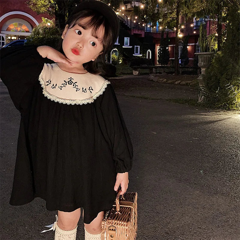 Toddler Girls Retro Dress Spring Autumn Cotton Lace Spliced Children Girls Dresses