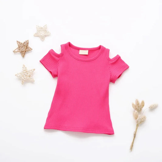 Marta Cotton Sleeve O-Neck Solid Elastic Shirt Off-Shoulder Cute Kids Baby