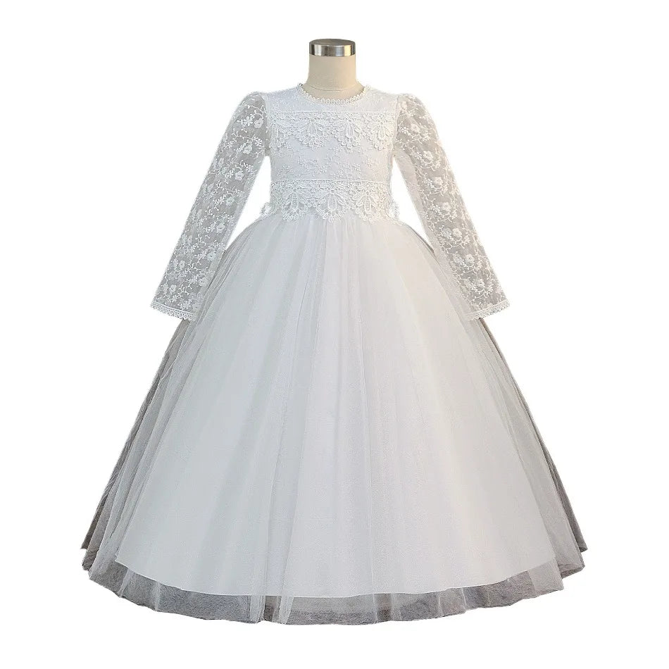 Girls' Teenage Long Sleeve Lace Dress Wedding White Bridesmaid Evening