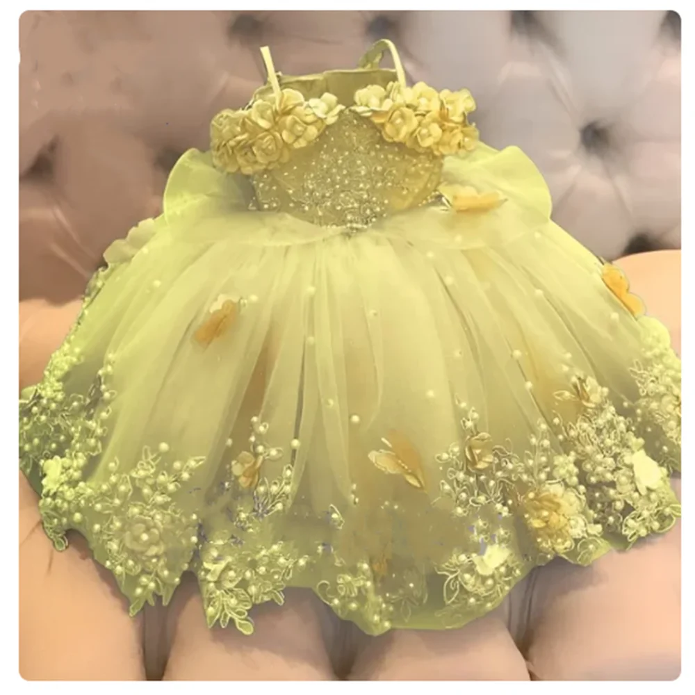 Baby Girls Dresses Off Shoulder Pearls Lace Butterflies Flower Princess Dress