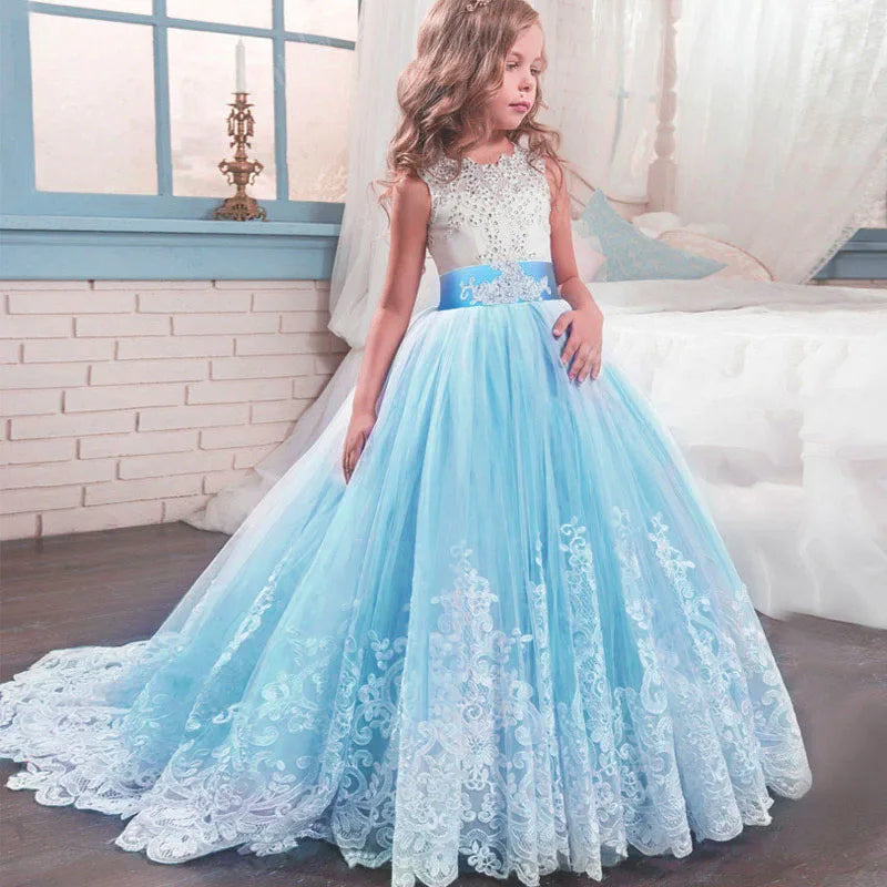 Kids Party Dress For Girls Wedding Bridesmaid Gown Lace Flower