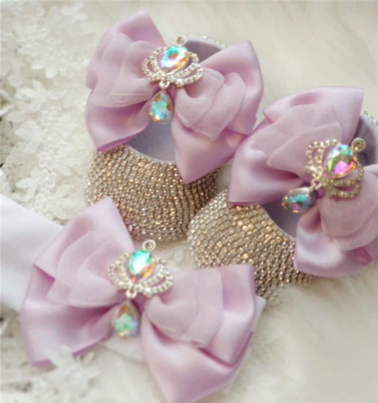 Dollbling Baroque Pink Rhinestones Baby Girl Shoes First Walker Headband Set Sparkle Crystals Princess Shoes Baby Shower SH3