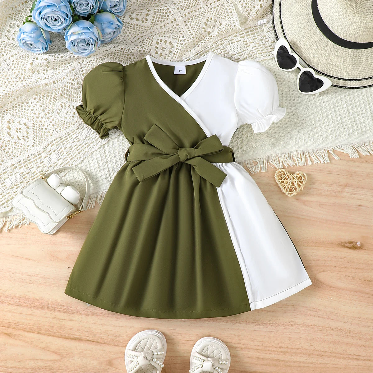 Baby Girl Dress Stylish Unique Design Puff Sleeve V‑Neck Bow Belt Summer Princess Party Dress For 4-7 Years Kid Girls Clothing