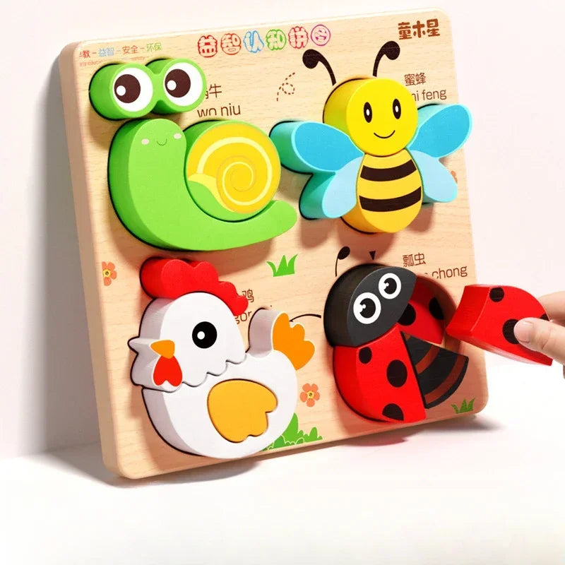 Montessori Cartoon 3D Wooden Puzzle Animal Traffic Jigsaw Toys