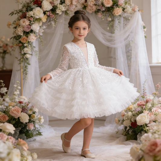 White Costume for Girls Puffy Dress Long Sleeve Sequin Evening Dress