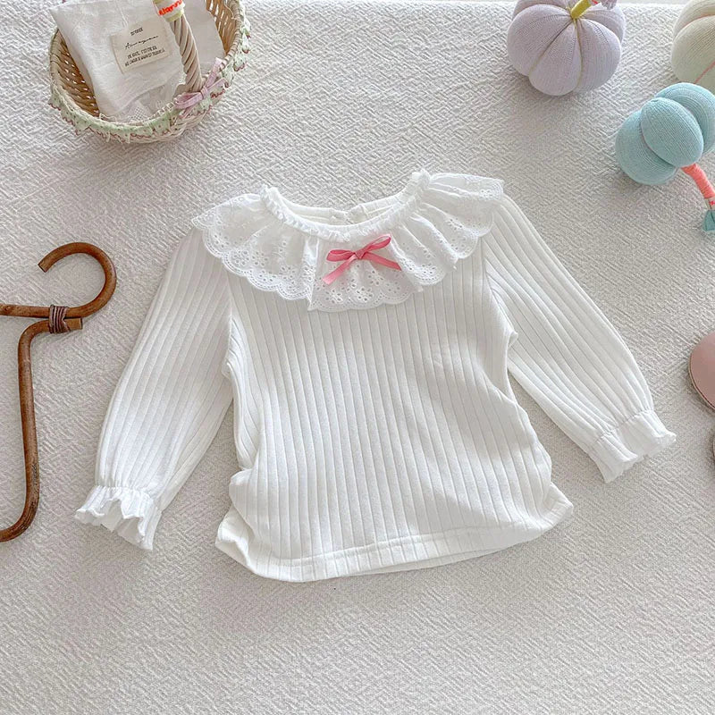 Alice Collar Ribbed Sweet Bowtie Frilly Neck Top